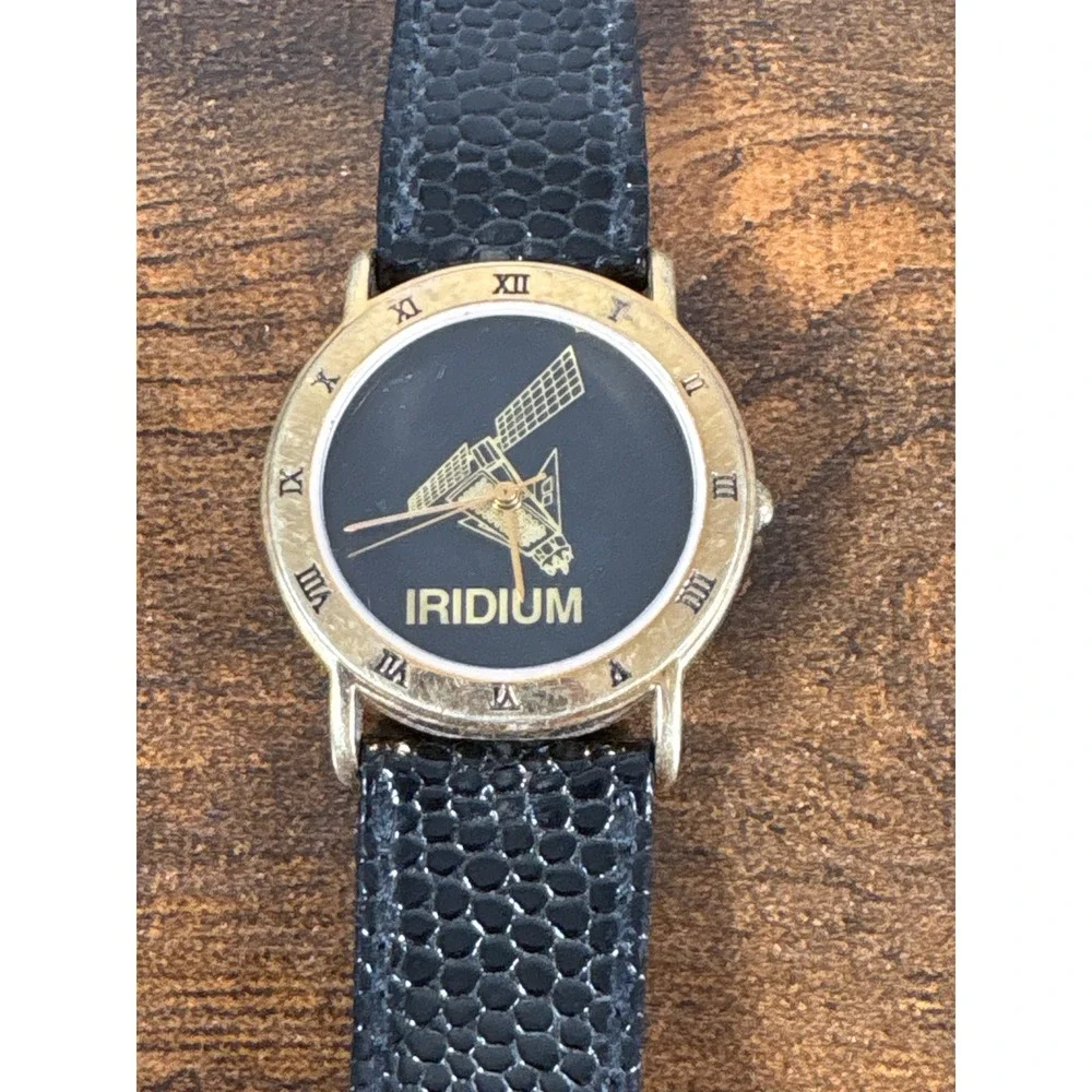 Vintage Iridium Satellite Promotional Watch Black Gold Tone Leather Strap Roman